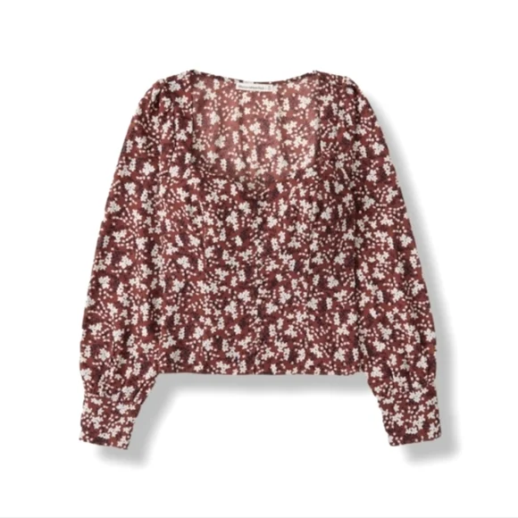 A&F Long-Sleeve Brown Floral Button-Through Crop Top, S - Picture 2 of 5